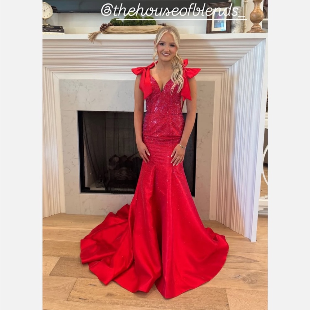 Sherri Hill Red gemstones Mermaid Gown with Bow Shoulder Accents